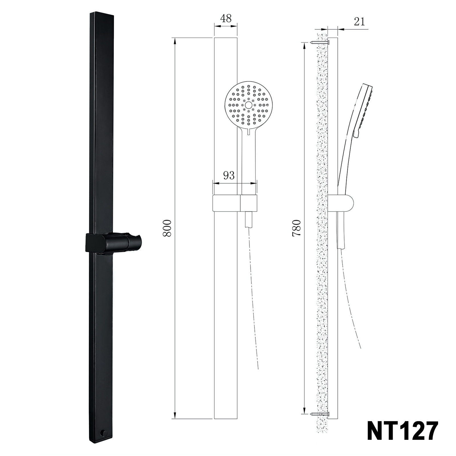 Miscelatore doccia termostatico 4021 per montaggio a parete - nero opaco - asta doccia, flessibile doccia e doccetta opzionale Miscelatore doccia termostatico 4021 per montaggio a parete - nero opaco - asta doccia, flessibile doccia e doccetta opzionale