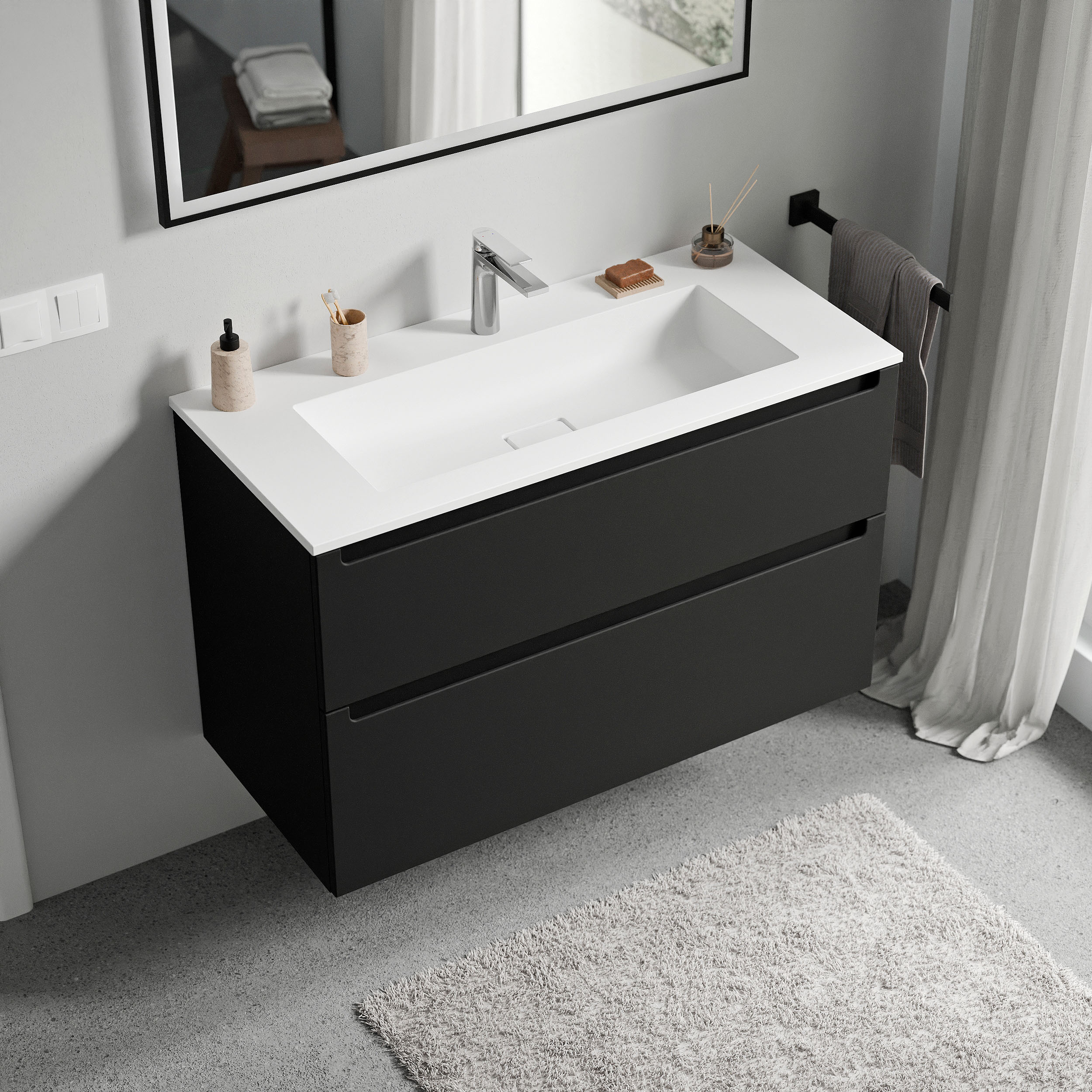 Mueble bajo lavabo VIREO 100 cm con lavabo de fundición mineral BRUXELLES - color a elegir 170123