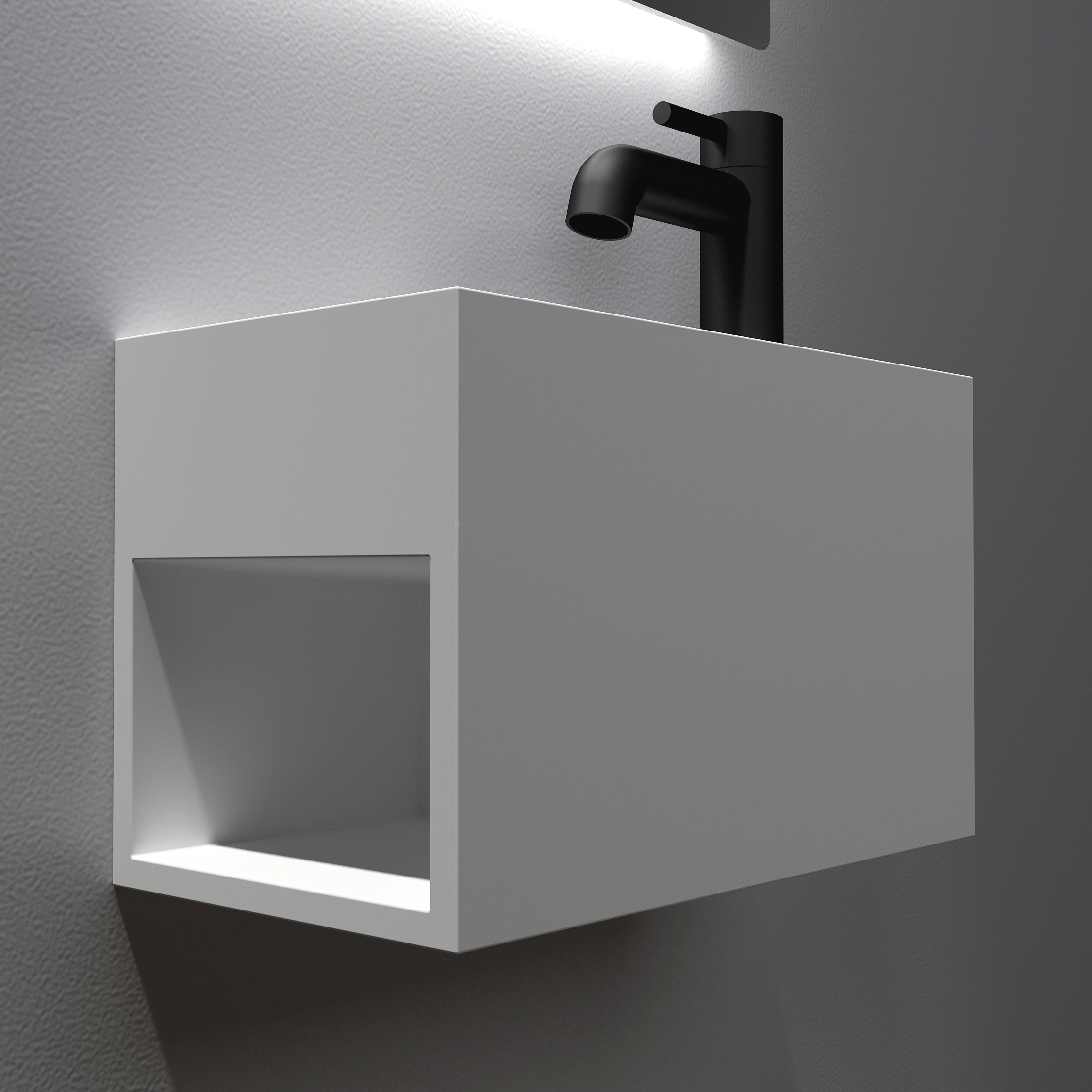 PB2046 Lavatório de parede com compartimento lateral à esquerda - Pedra sólida - 33 x 18 x 20,5 cm - branco fosco PB2046 Lavatório de parede com compartimento lateral à esquerda - Pedra sólida - 33 x 18 x 20,5 cm - branco fosco