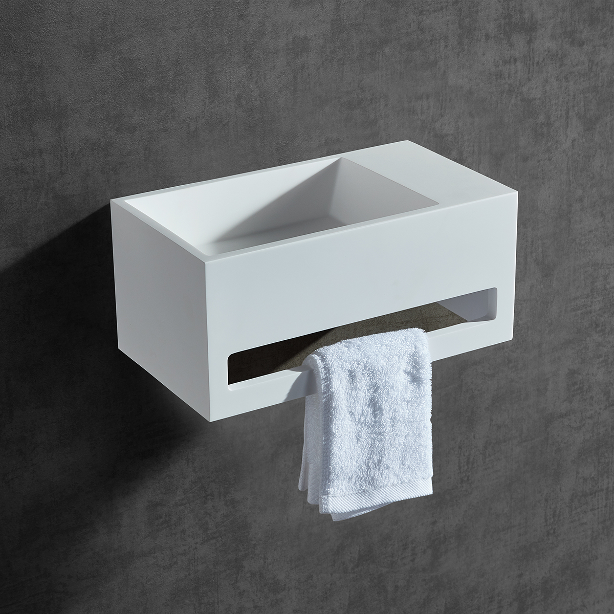 Lavatório de parede BA2105 em pedra maciça mineral fundida com toalheiro integrado - 35,5 x 20 x 16 cm - Branco mate