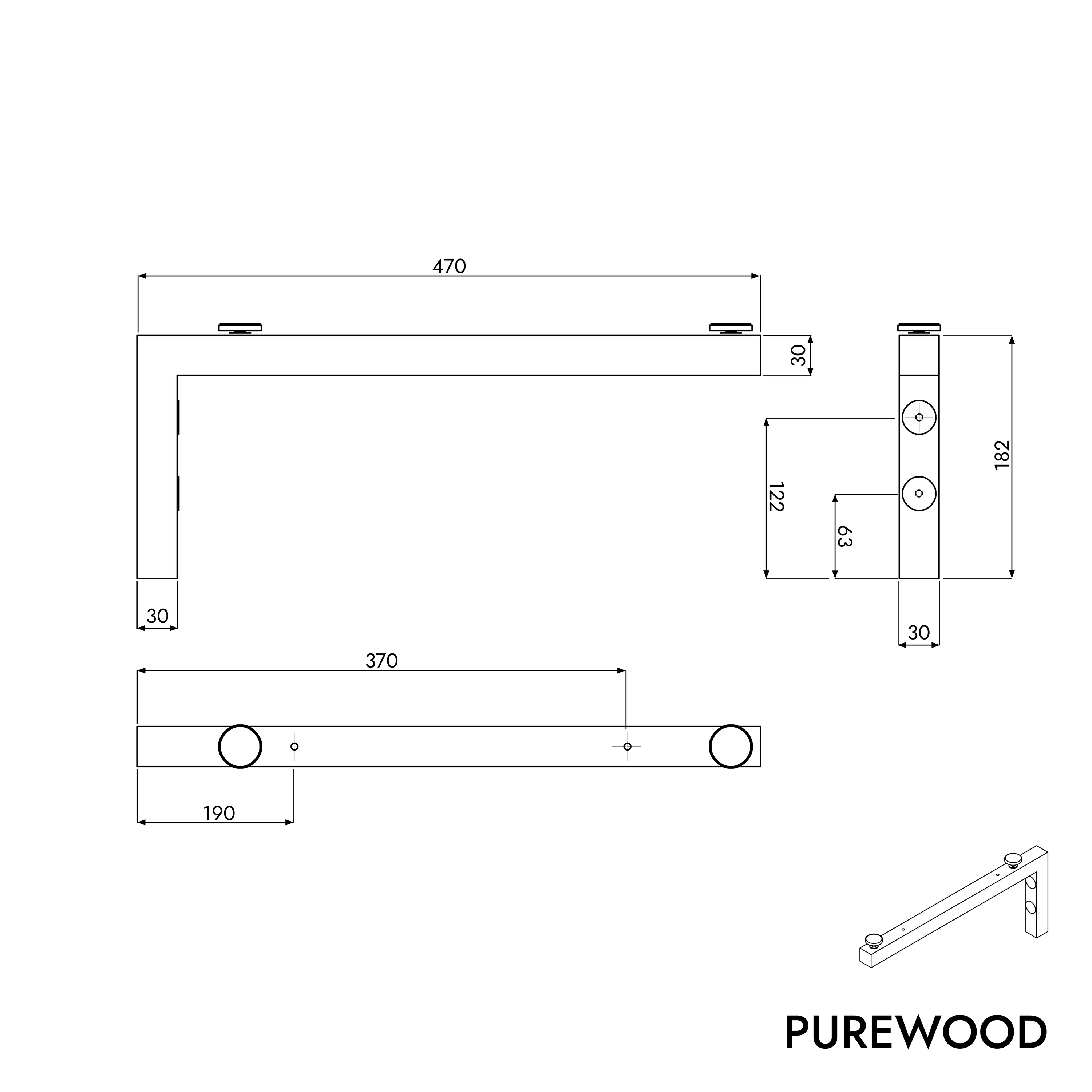 Wastafelblad PUREWOOD massief eiken met wandbeugel - selecteerbare breedte Wastafelblad PUREWOOD massief eiken met wandbeugel - selecteerbare breedte