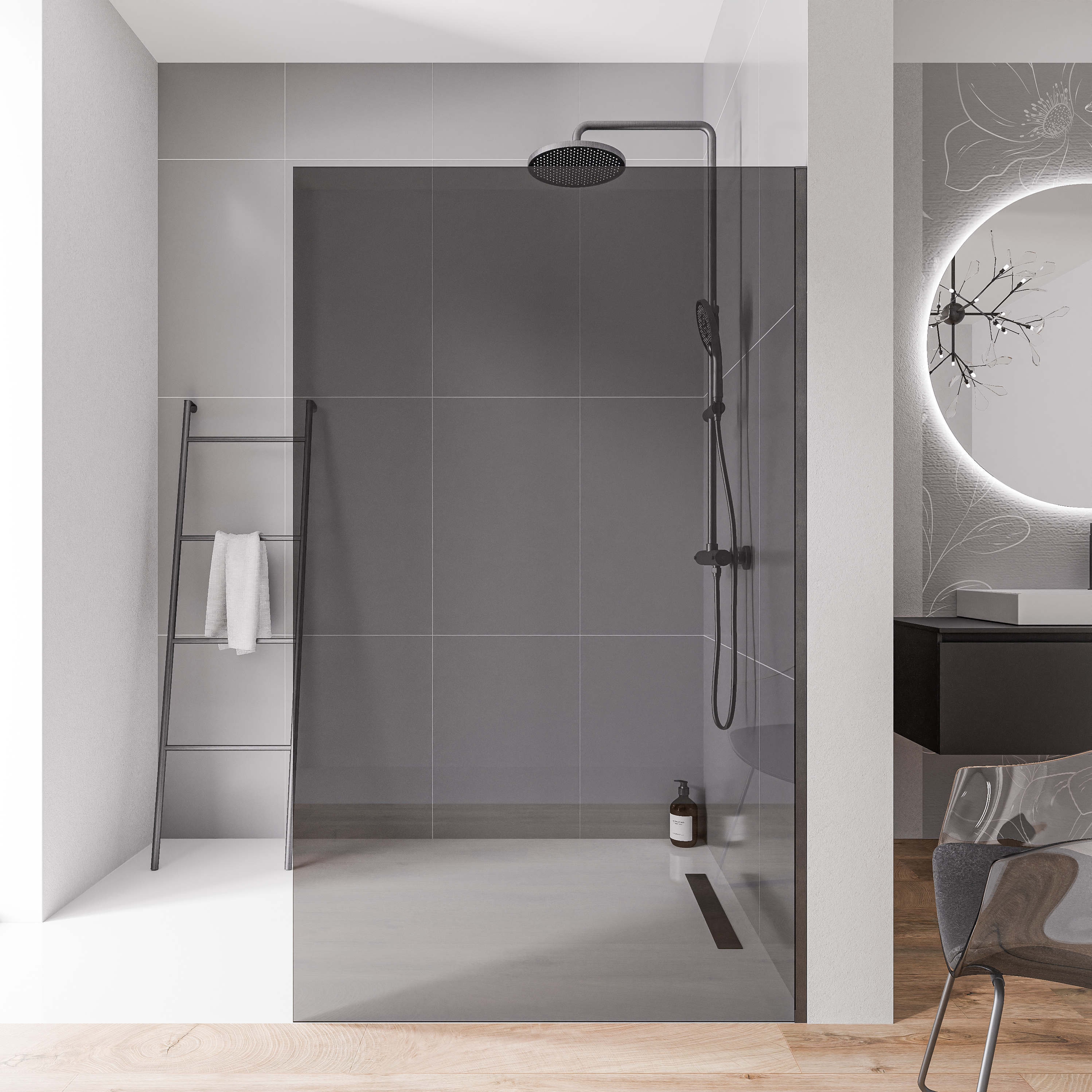 Walk-In 10mm nanogrått glas EX102 - rostfri stålprofil grafit svart borstad - bredd valbar