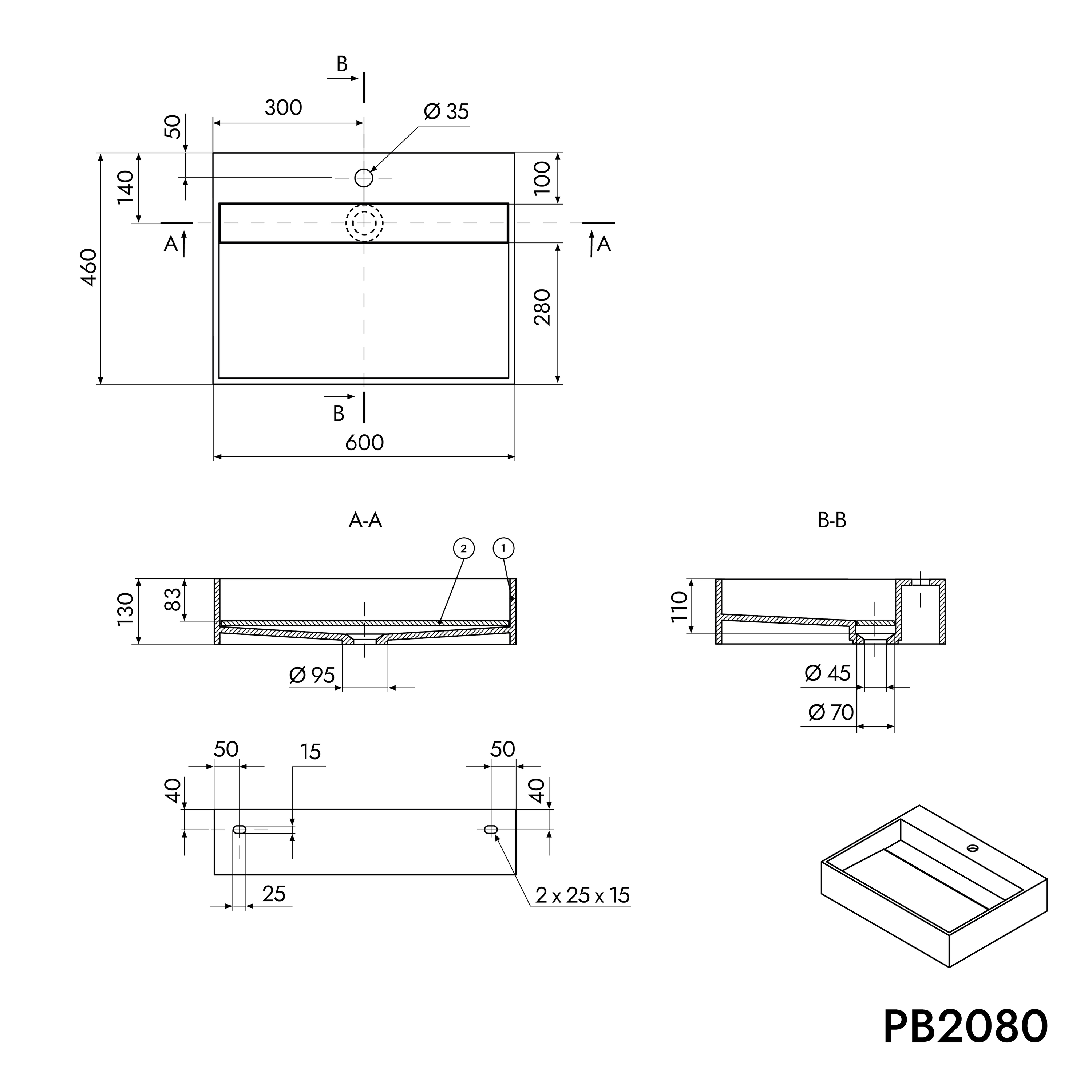 Lavatório de parede PB2080 em pedra maciça (Solid Surface) - 60 x 46 x 13 cm - branco mate Lavatório de parede PB2080 em pedra maciça (Solid Surface) - 60 x 46 x 13 cm - branco mate