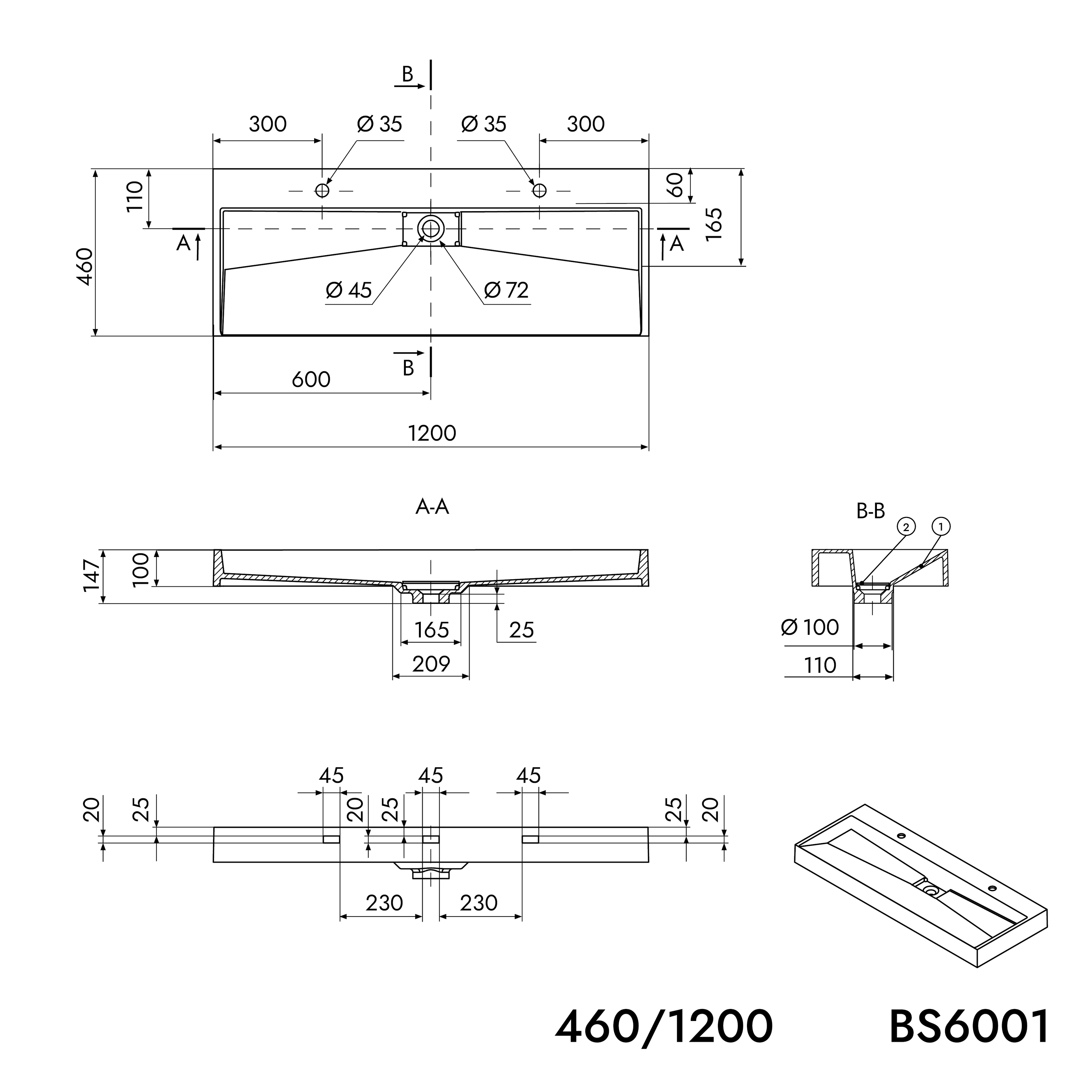 Väggmonterat eller fristående tvättställ/handfat BS6001 - vit- 2 hål för kranenhet - bredd på 120 cm Väggmonterat eller fristående tvättställ/handfat BS6001 - vit- 2 hål för kranenhet - bredd på 120 cm