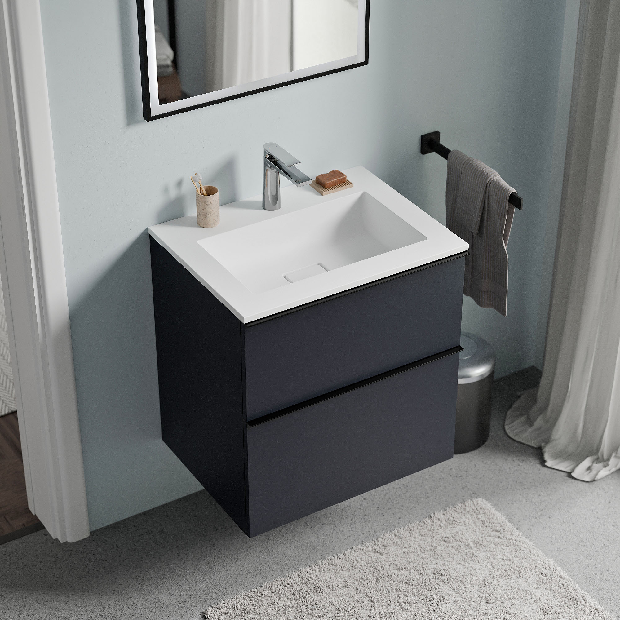 Armario bajo LAVOA 60 cm con lavabo de fundición mineral BRUXELLES - color a elegir 169574,169578,169582