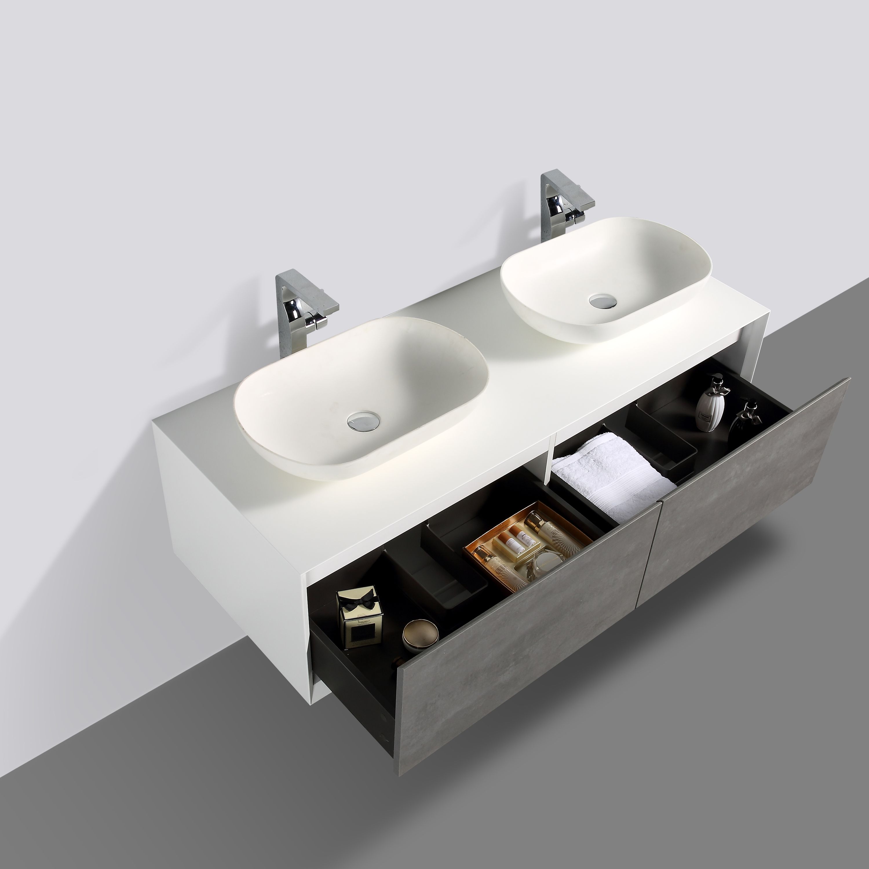 Mueble de cuarto de baño Fiona 1400 blanco mate - frente hormigón o roble óptico Mueble de cuarto de baño Fiona 1400 blanco mate - frente hormigón o roble óptico