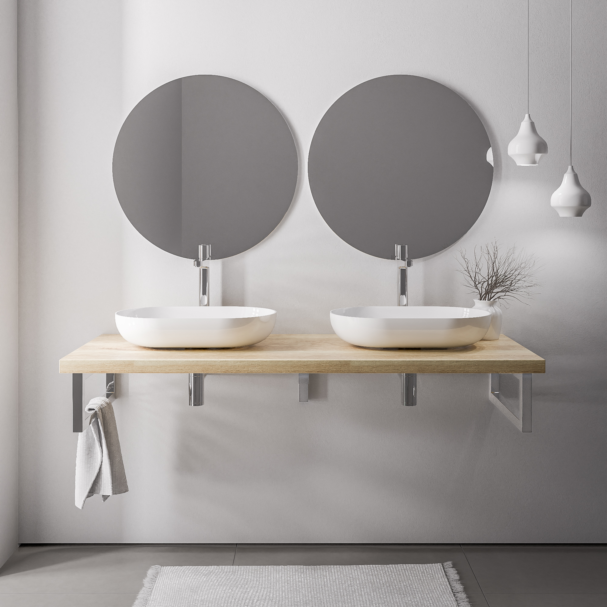 Houten wastafelblad 140 cm PUREWOOD massief eiken met handdoekhouder in chroom Houten wastafelblad 140 cm PUREWOOD massief eiken met handdoekhouder in chroom