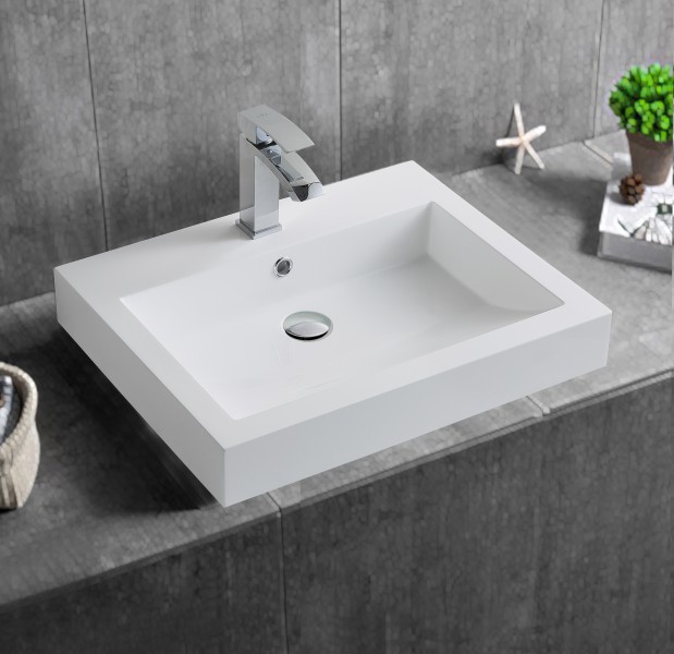 Lavabo mural Lavabo sobre encimera BS6049 - Mármol fundido - Blanco brillo - 60 x 48 x 14 cm