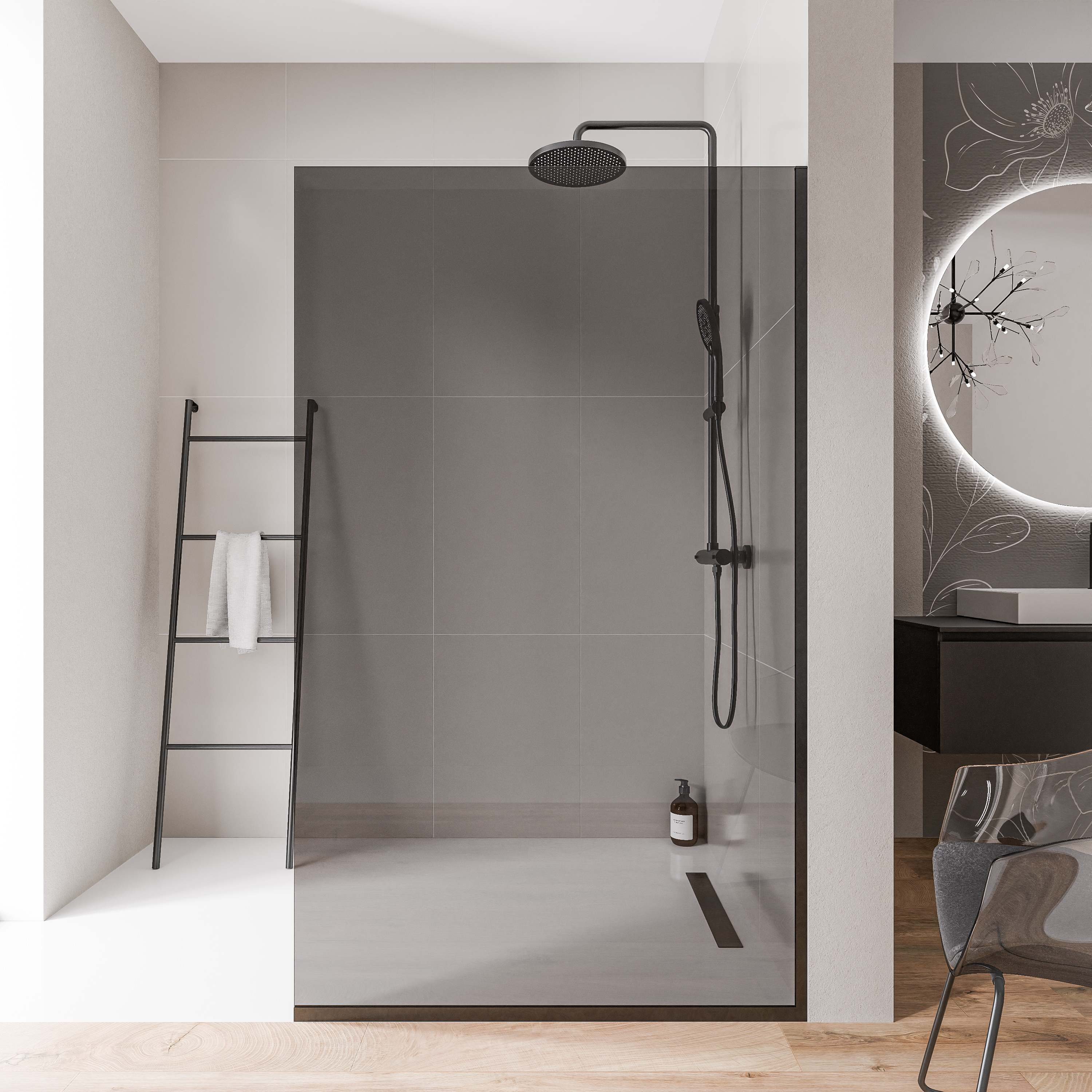 Walk-in Duschvägg 10mm nanogrått glas EX102 - 1 glasvägg rostfri stålprofil mattsvart - bredd valbar